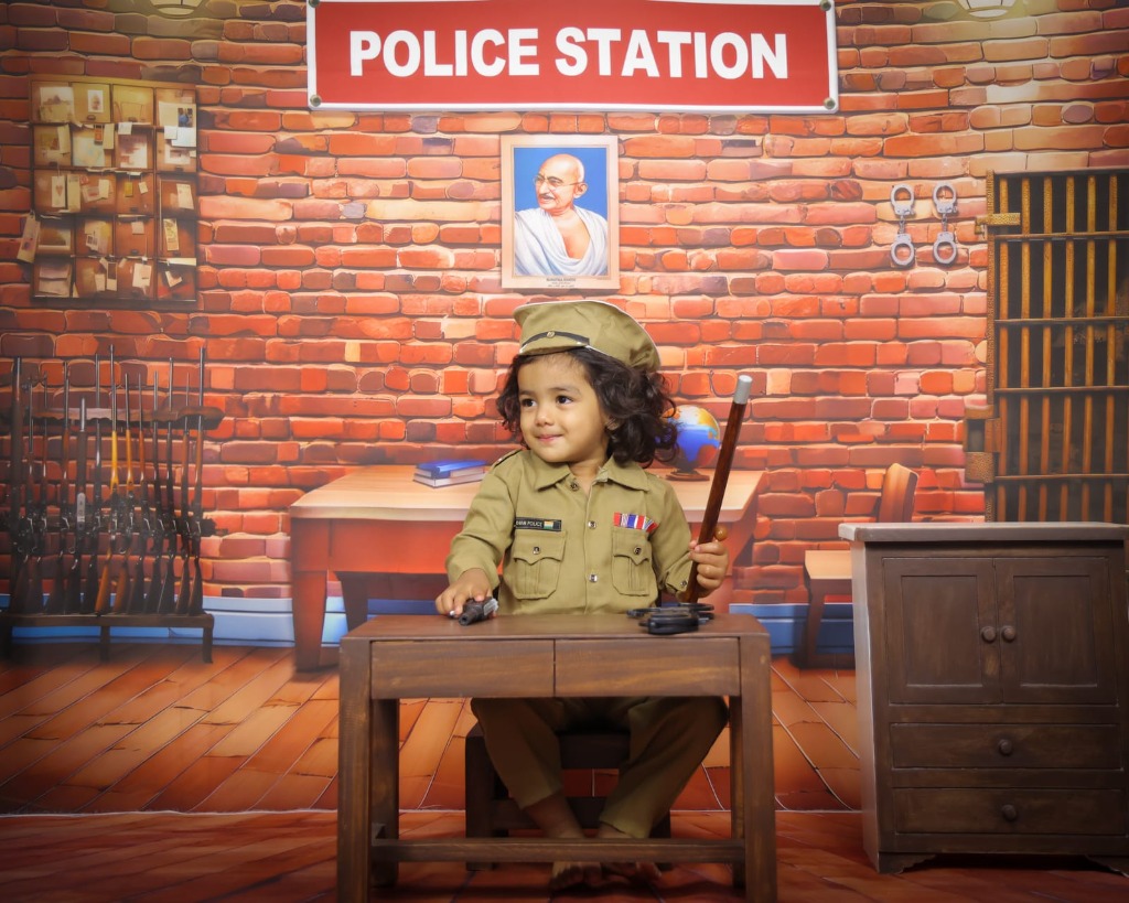 Baby in khaki police officer uniform with police cap and baton at wooden station desk